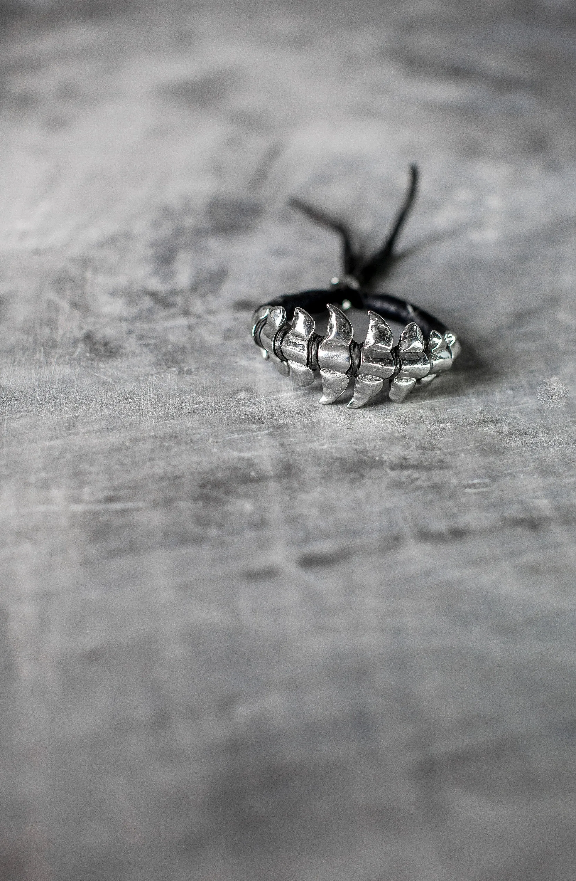 Alien Spine Silver and Black Leather Bracelet