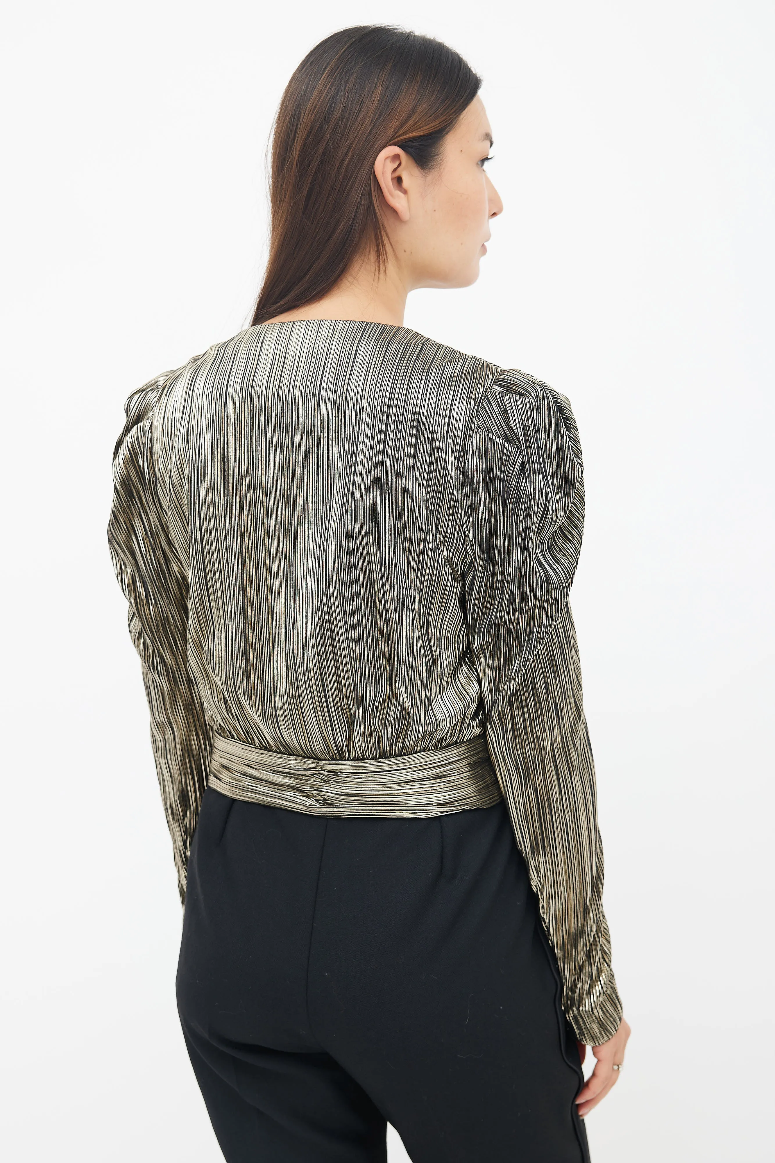 Black & Gold Metallic Plissé Wrap Top