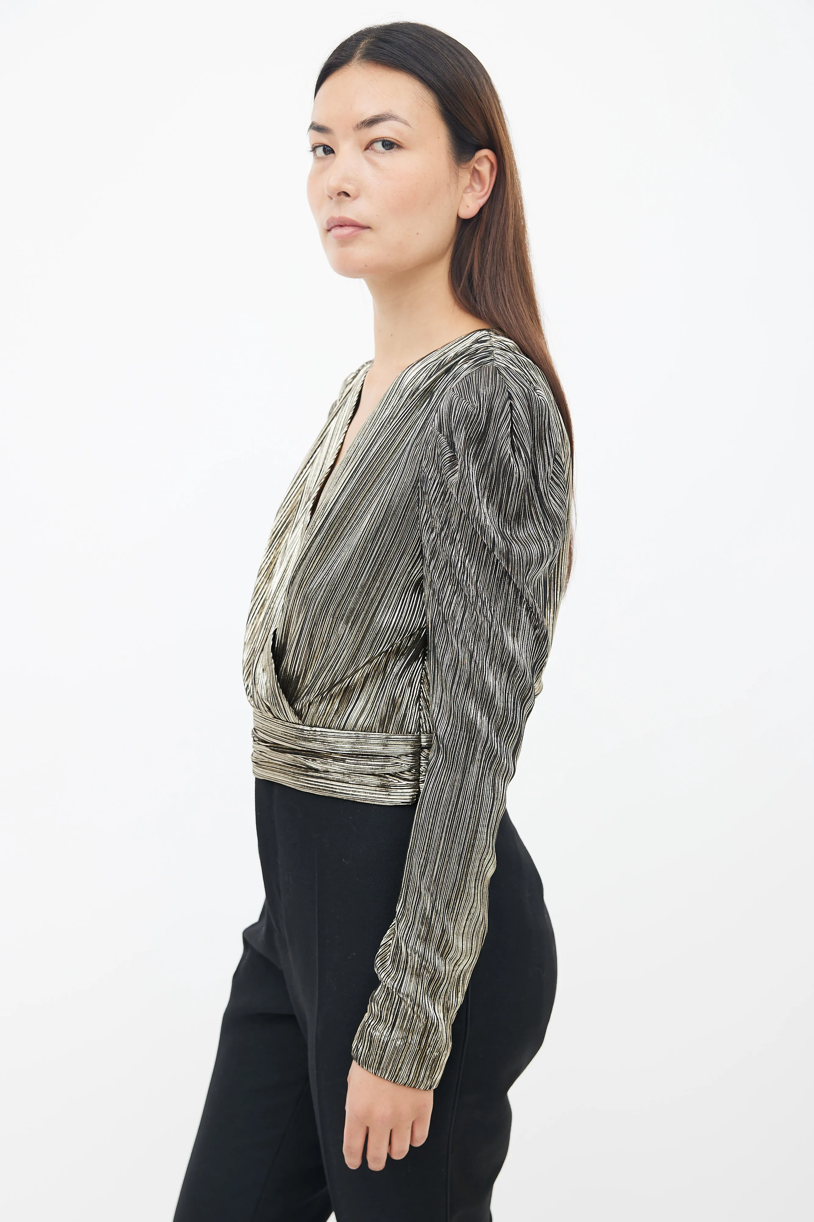 Black & Gold Metallic Plissé Wrap Top