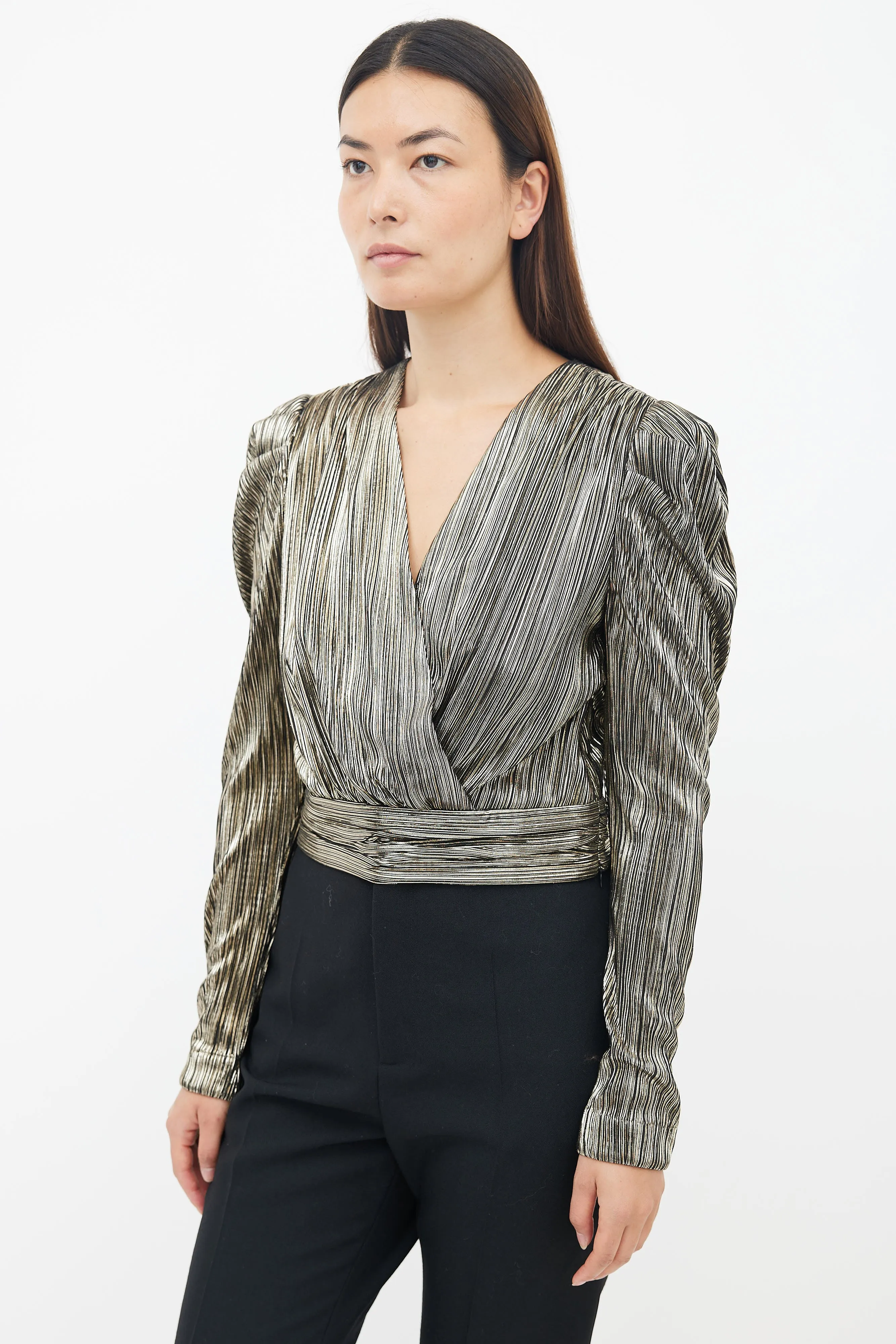 Black & Gold Metallic Plissé Wrap Top