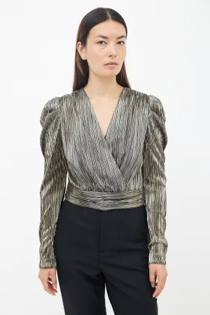 Black & Gold Metallic Plissé Wrap Top