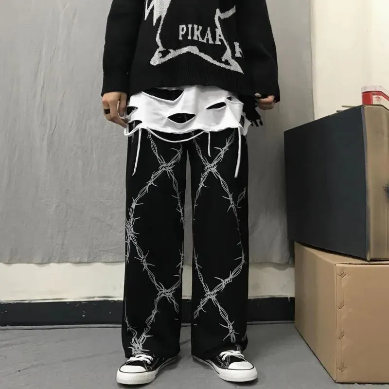 Emo Baggy Leg Pants mit Stacheldraht-Muster
