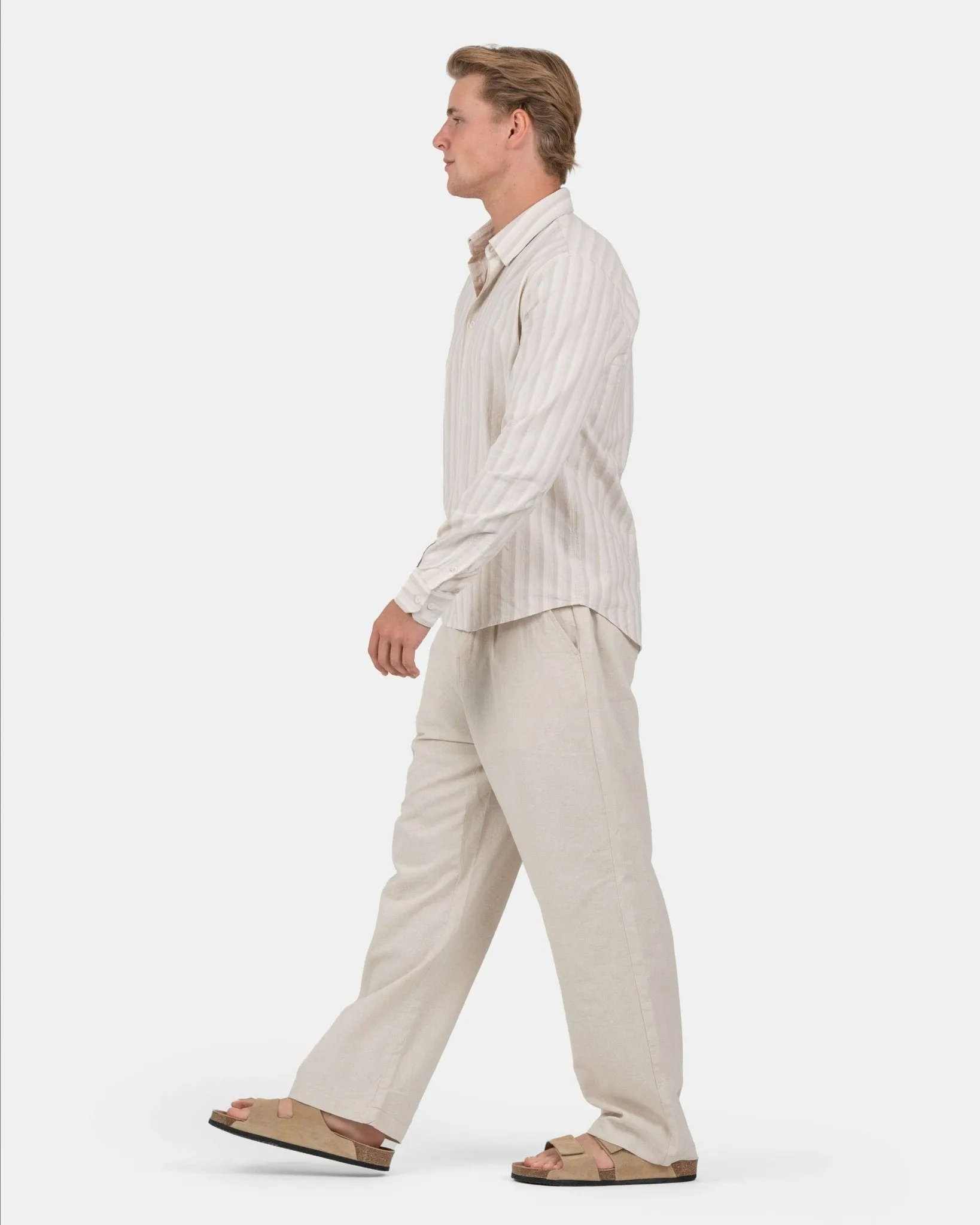 Langærmet Hørskjorte Beige Stribet
