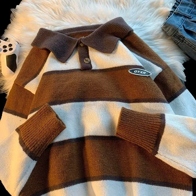 Lapel Retro Loose Fit Plush Stripe Sweater