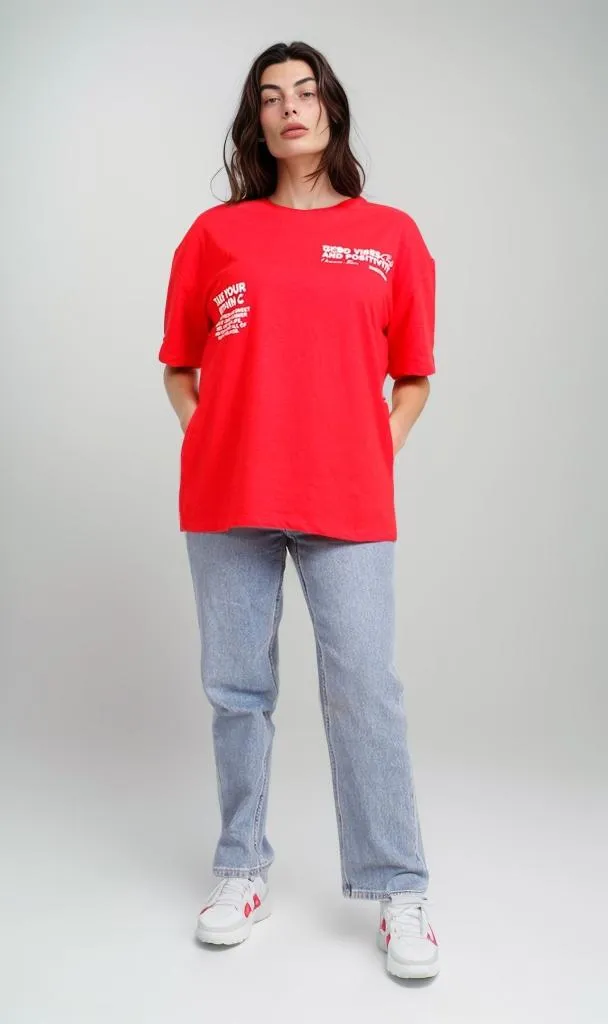 O203221 - Graphic Printed Oversized T-Shirt - Red