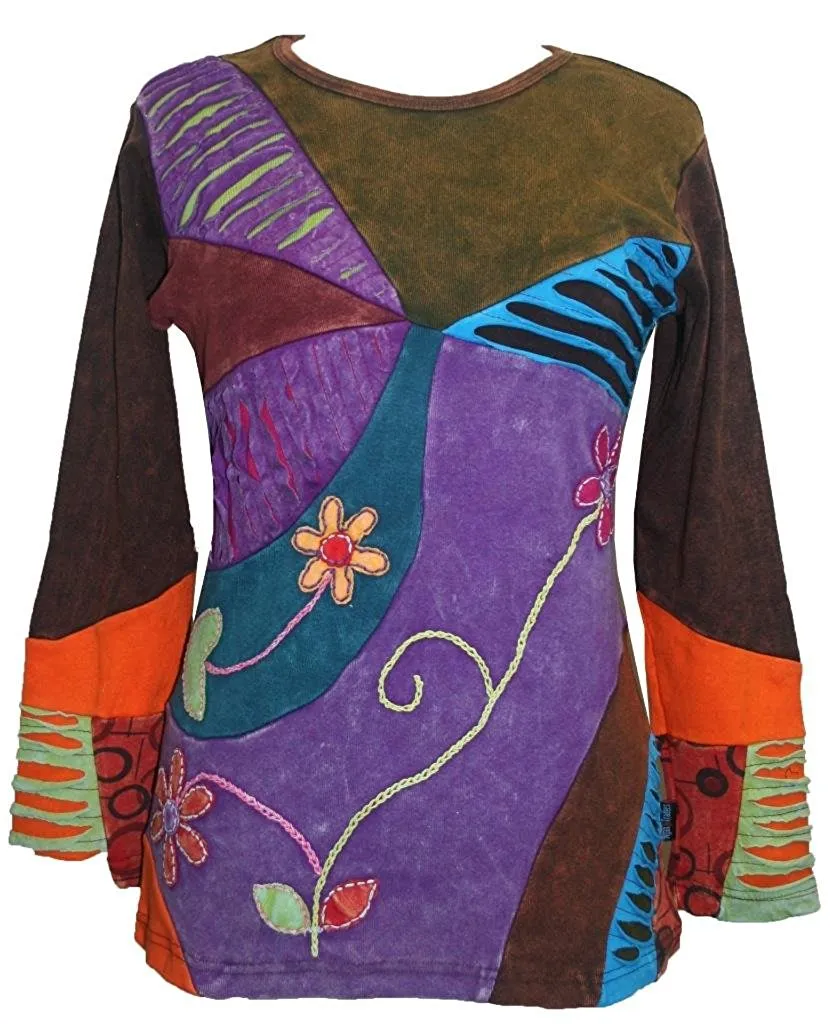 R 224 Asymmetrical Patched Razor Cut Pastel Bohemian Blouse