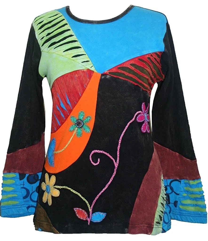 R 224 Asymmetrical Patched Razor Cut Pastel Bohemian Blouse