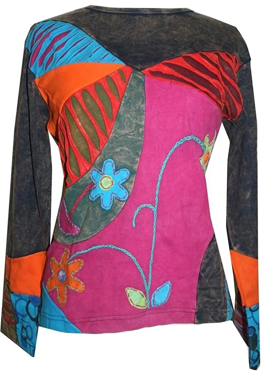 R 224 Asymmetrical Patched Razor Cut Pastel Bohemian Blouse