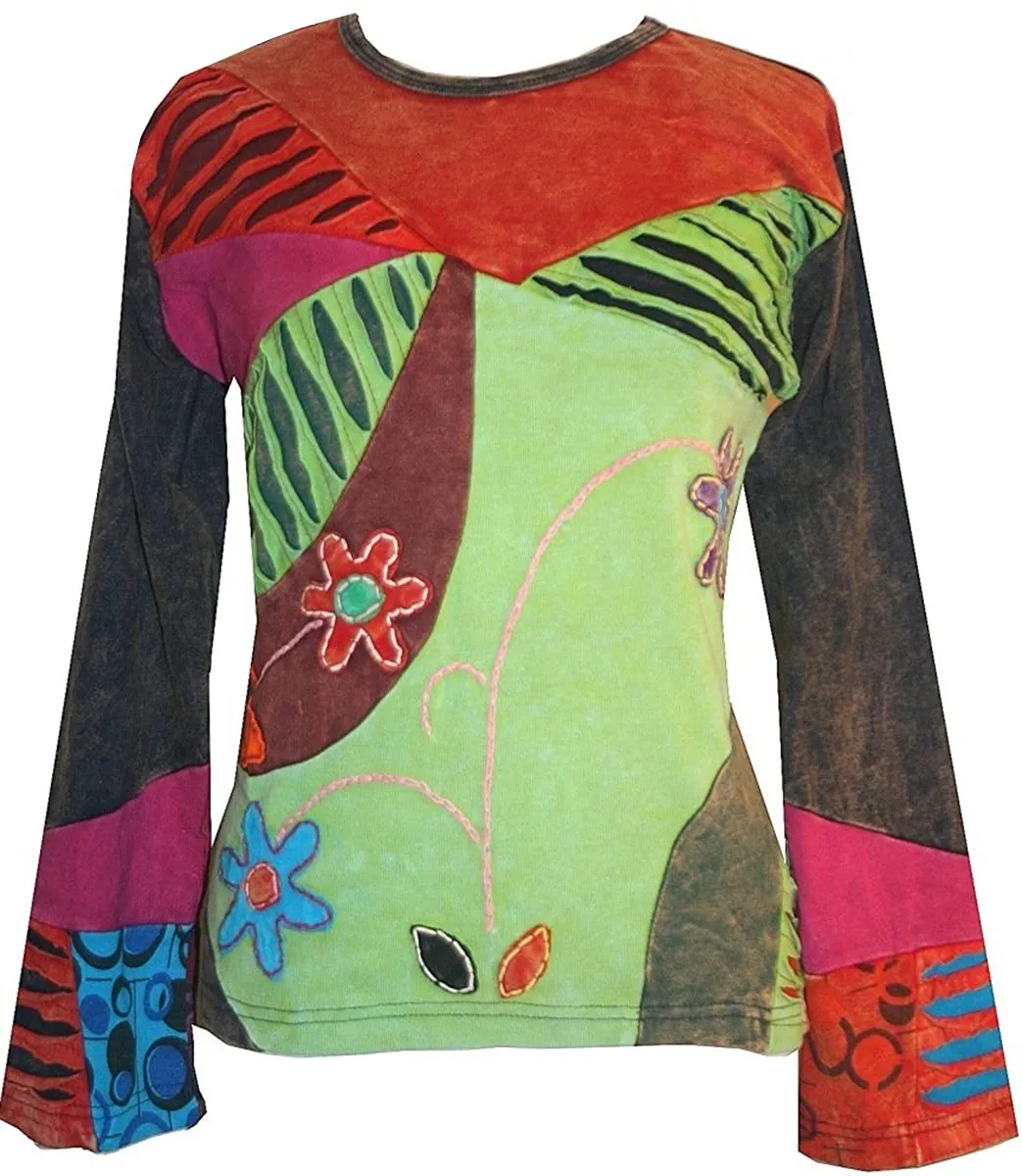 R 224 Asymmetrical Patched Razor Cut Pastel Bohemian Blouse