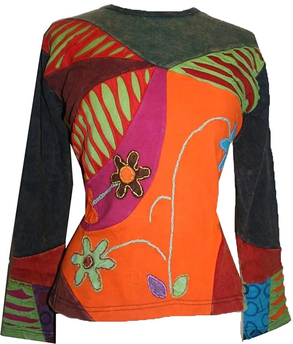 R 224 Asymmetrical Patched Razor Cut Pastel Bohemian Blouse