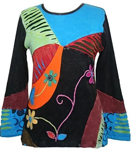 R 224 Asymmetrical Patched Razor Cut Pastel Bohemian Blouse