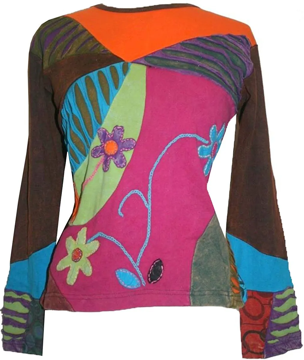 R 224 Asymmetrical Patched Razor Cut Pastel Bohemian Blouse