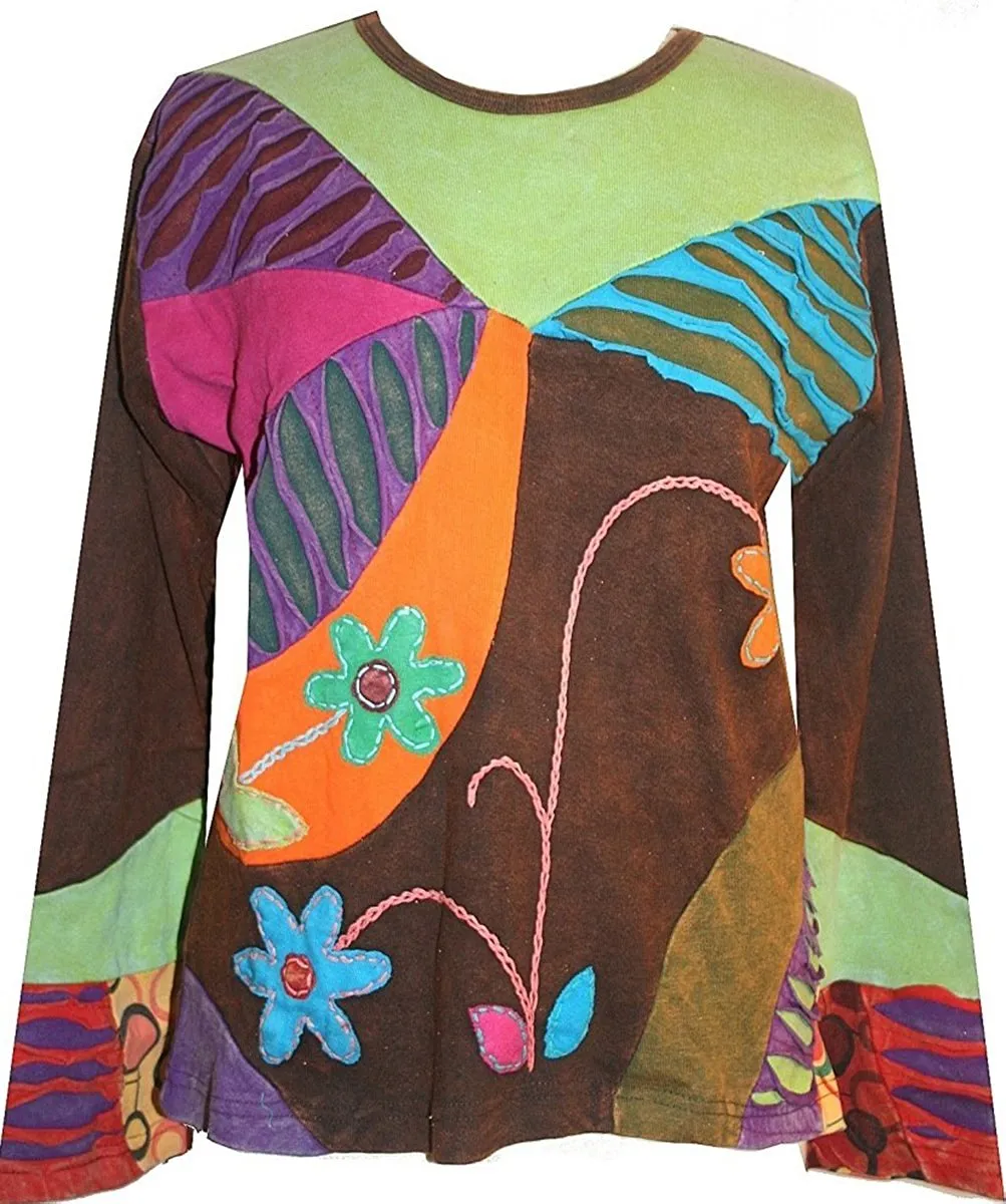R 224 Asymmetrical Patched Razor Cut Pastel Bohemian Blouse
