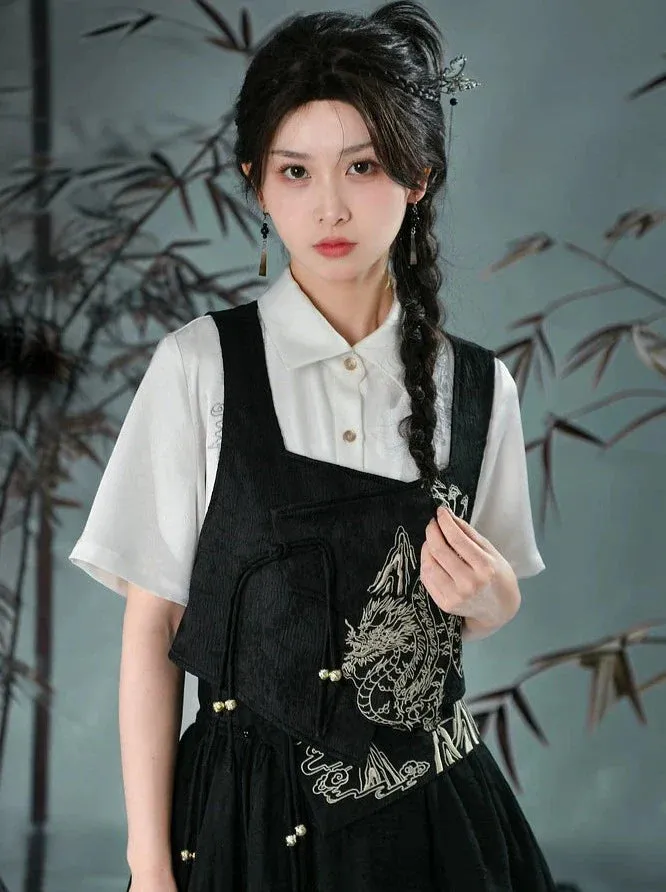 Retro Shirt Asymmetrical China   Skirt Vest