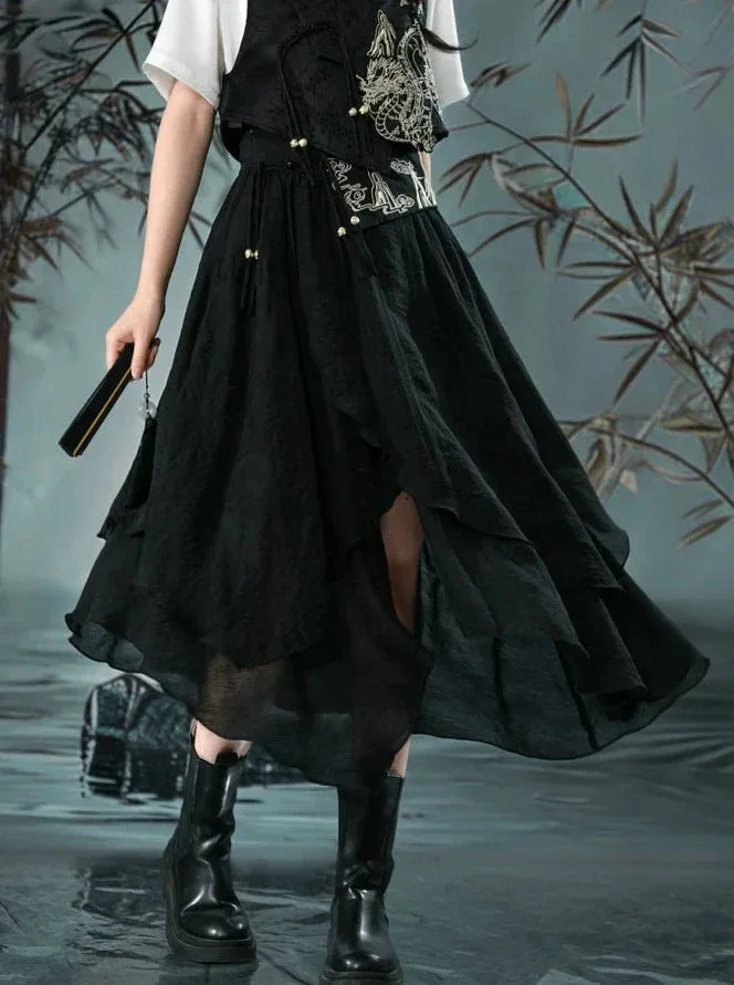 Retro Shirt Asymmetrical China   Skirt Vest