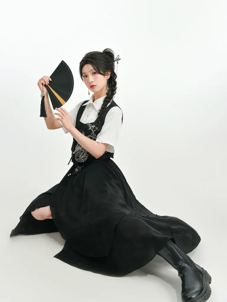 Retro Shirt Asymmetrical China   Skirt Vest