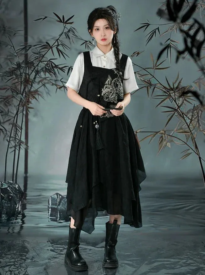 Retro Shirt Asymmetrical China   Skirt Vest