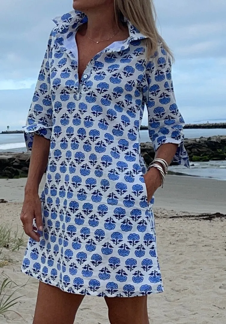 Sconset Block Print Shirt Dress (Blue)