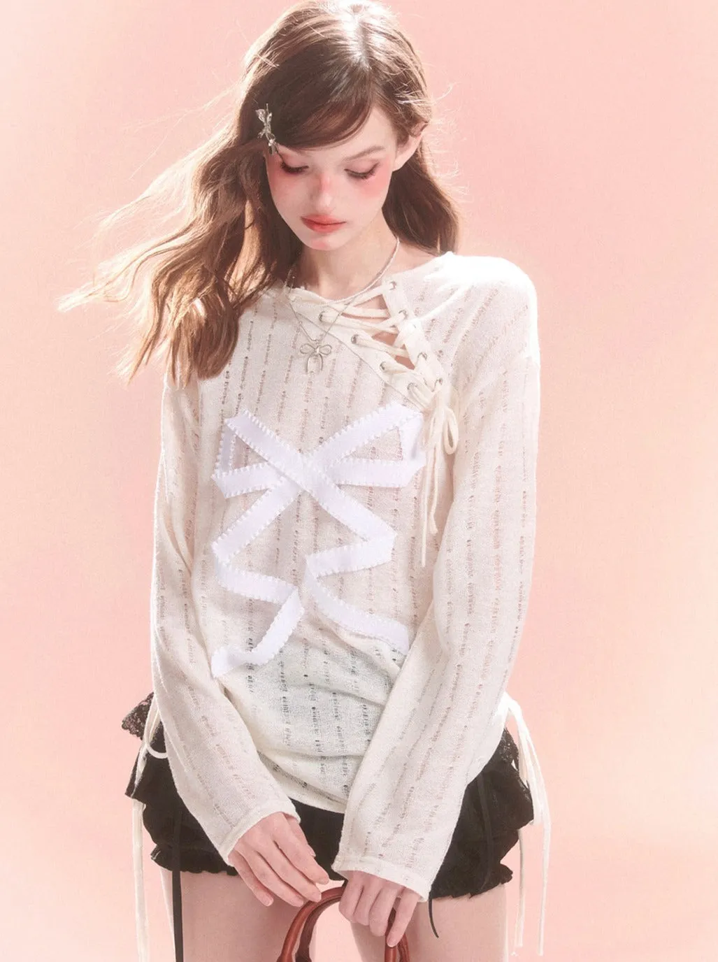 Sheer Lace-up Design Ribbon Top Asymmetrical