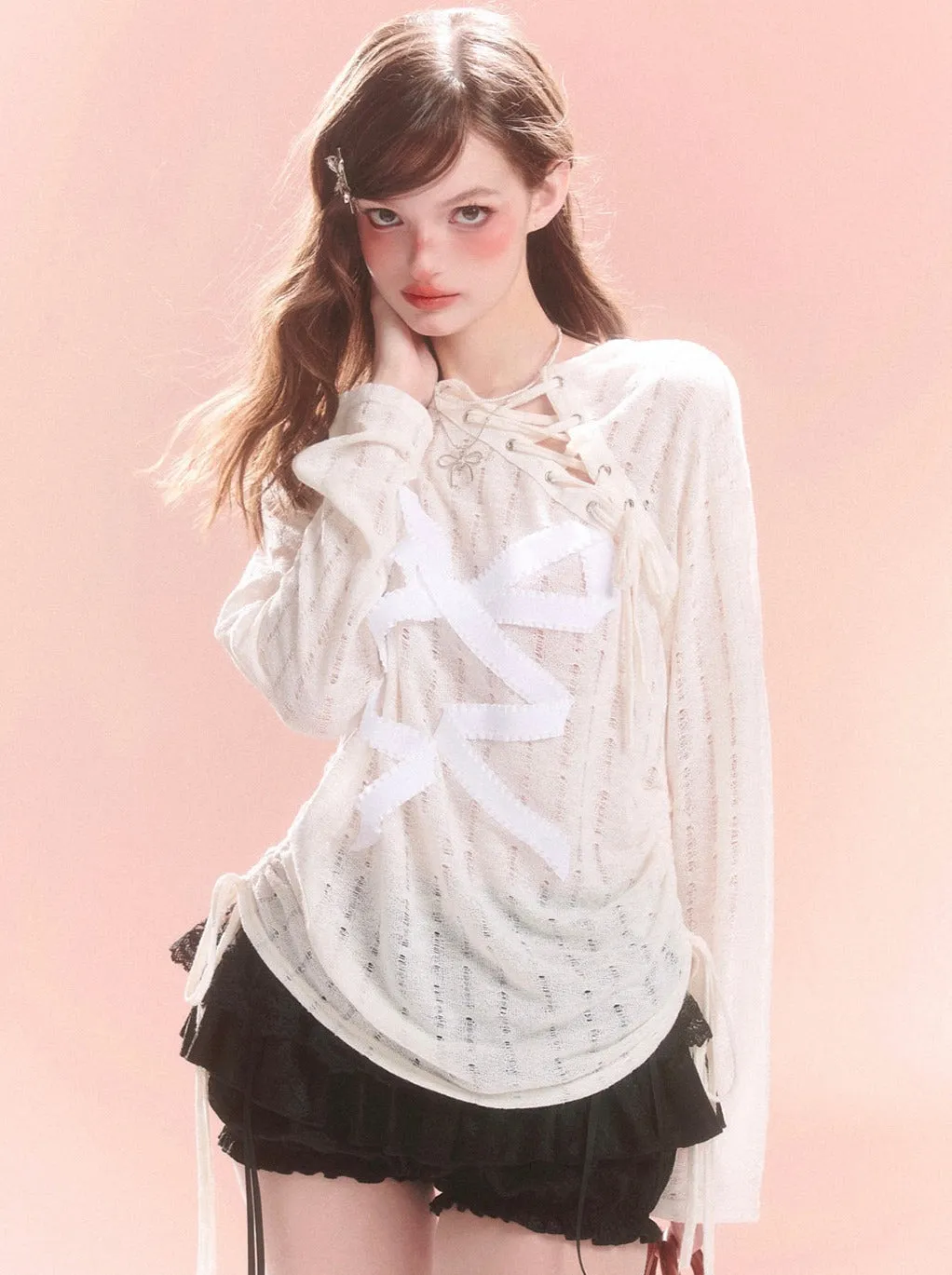Sheer Lace-up Design Ribbon Top Asymmetrical