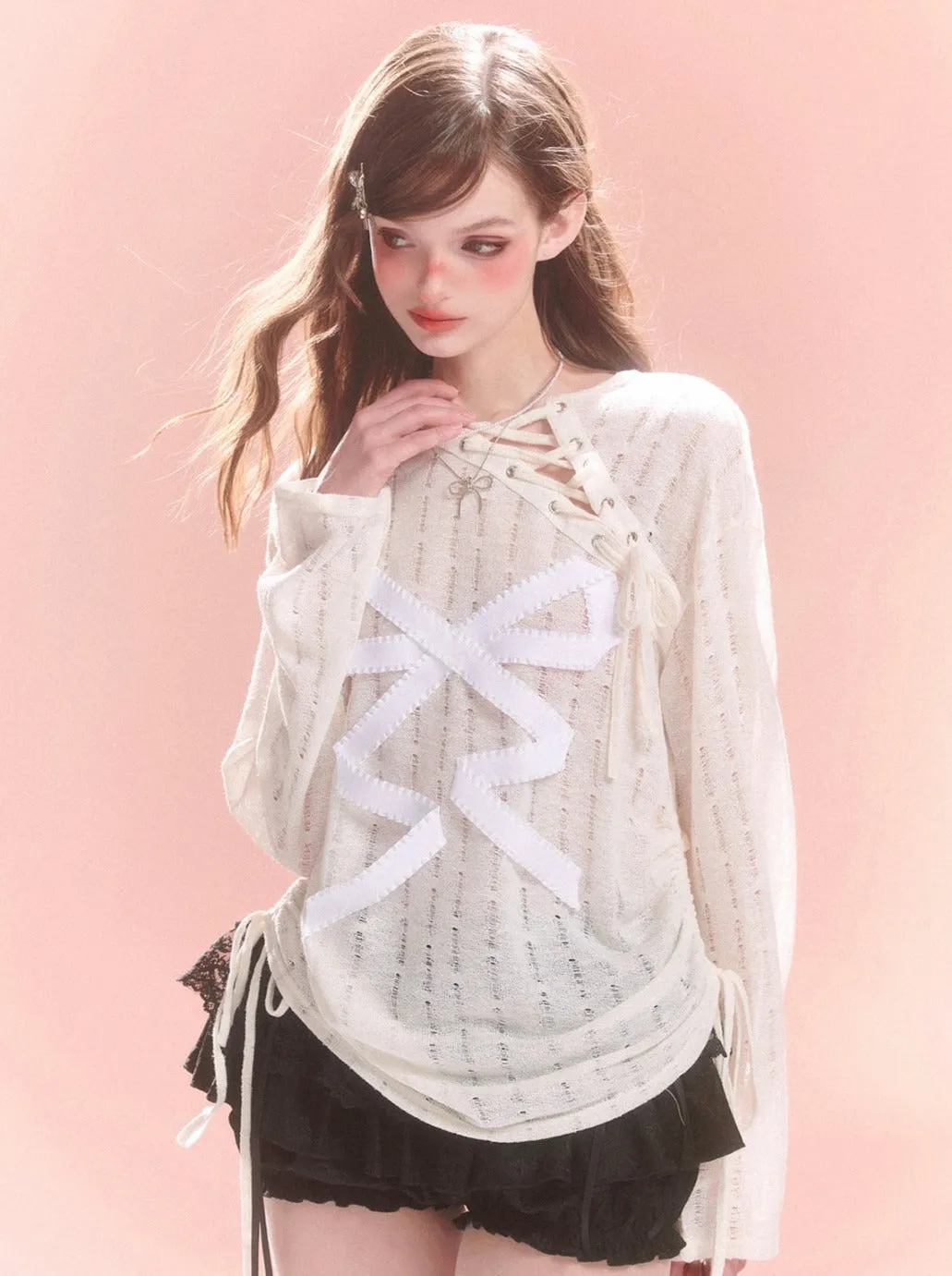 Sheer Lace-up Design Ribbon Top Asymmetrical