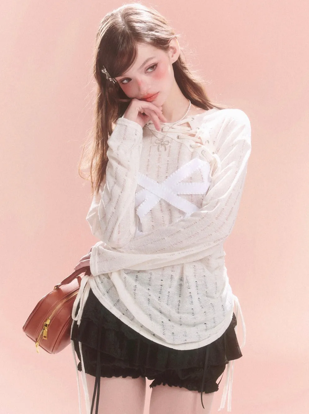 Sheer Lace-up Design Ribbon Top Asymmetrical