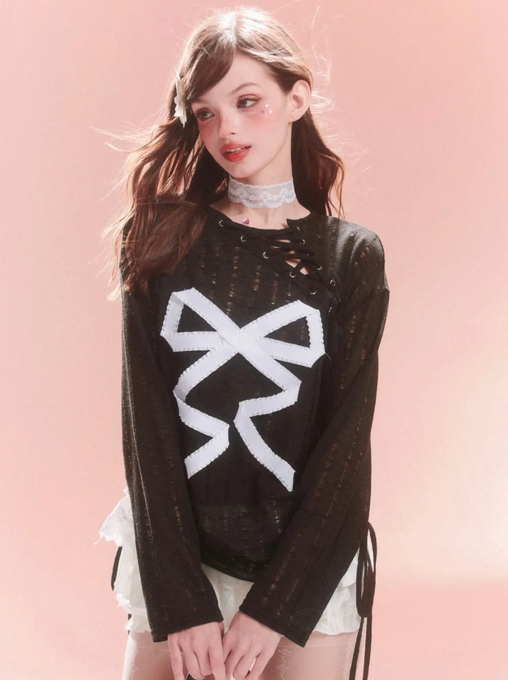 Sheer Lace-up Design Ribbon Top Asymmetrical