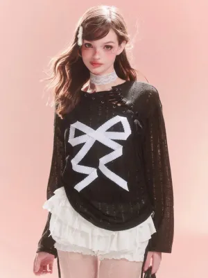 Sheer Lace-up Design Ribbon Top Asymmetrical