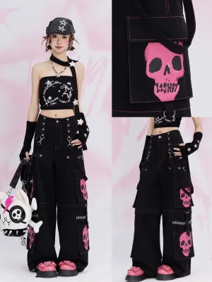 Y2K Black Skeleton Cargo Pockets Straps Design Wide-leg Cut Jeans