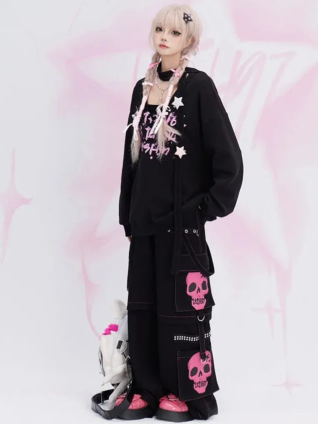 Y2K Black Skeleton Cargo Pockets Straps Design Wide-leg Cut Jeans